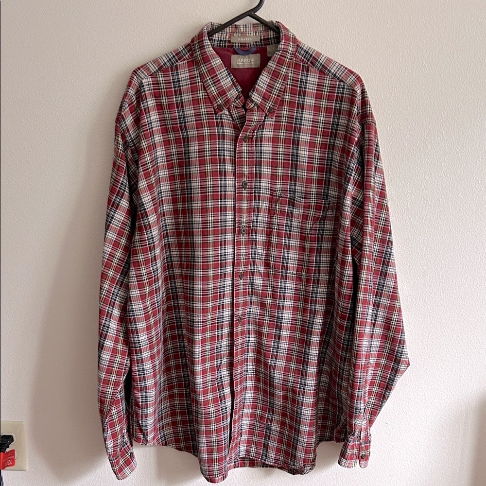 Vintage Khakis Arrow Men's Red/White/Blue Long Sleeve Classic Plaid Preppy Shirt